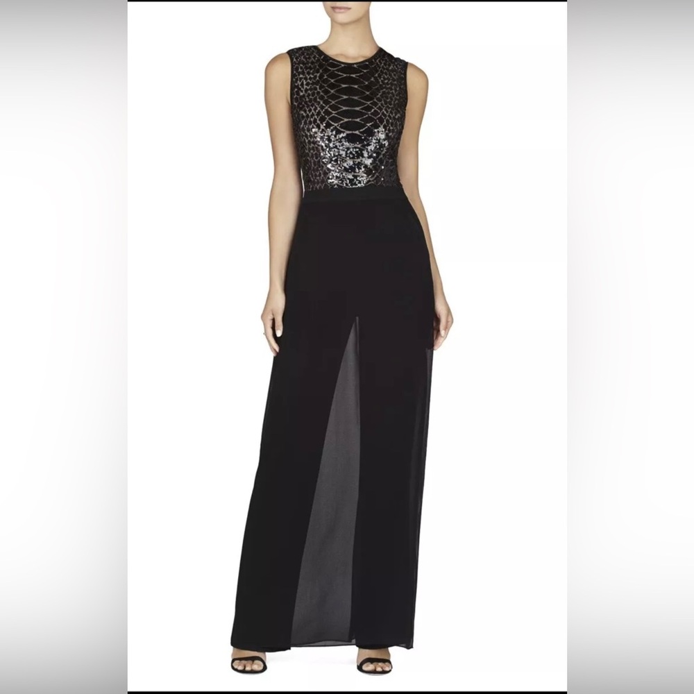 BCBG Max Azria Black Sequined Gown with Sheer Overlay - Size 0, New with Tags
